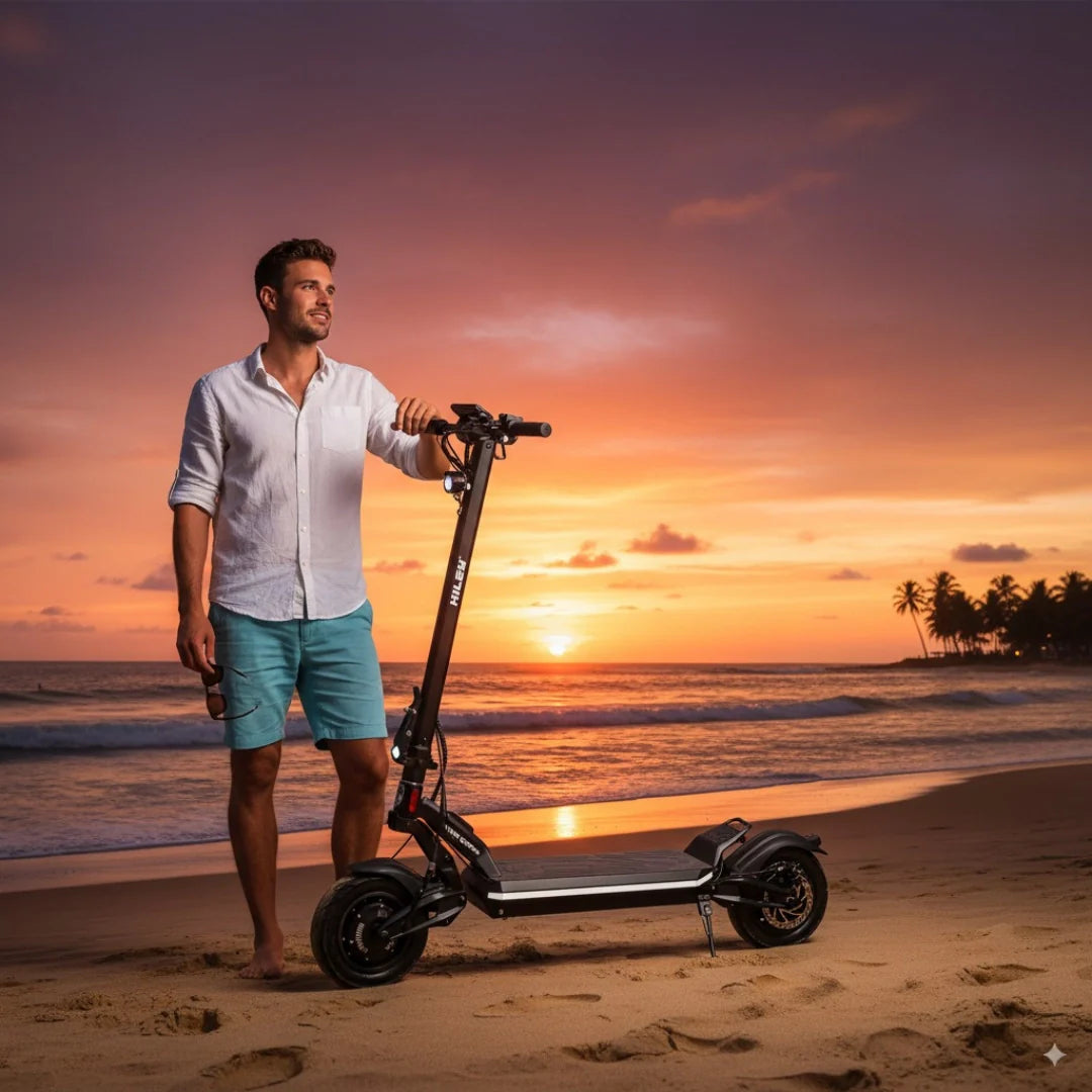 Muškarac stoji pored crnog električnog romobila Hiley Tiger Supra na plaži uz zalazak sunca