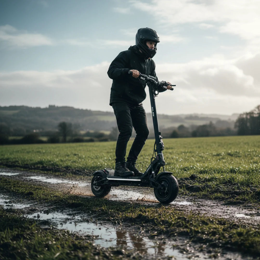 Crni električni romobil Hiley Tiger Supra vozač vozi po blatnjavom terenu na otvorenom