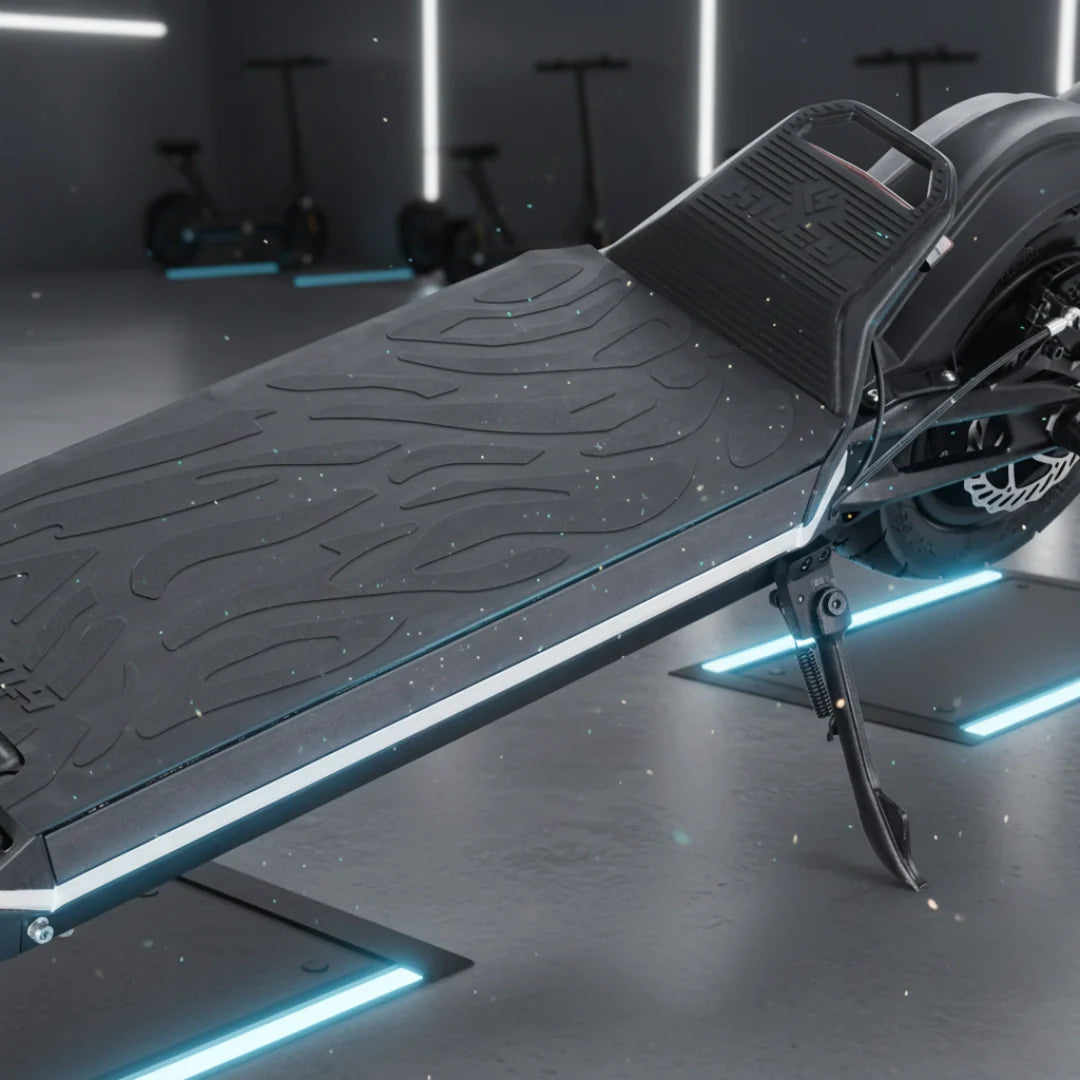 Crni električni romobil Hiley Tiger Supra, detalj gazišta s uzorkom i stražnji dio s nogarom