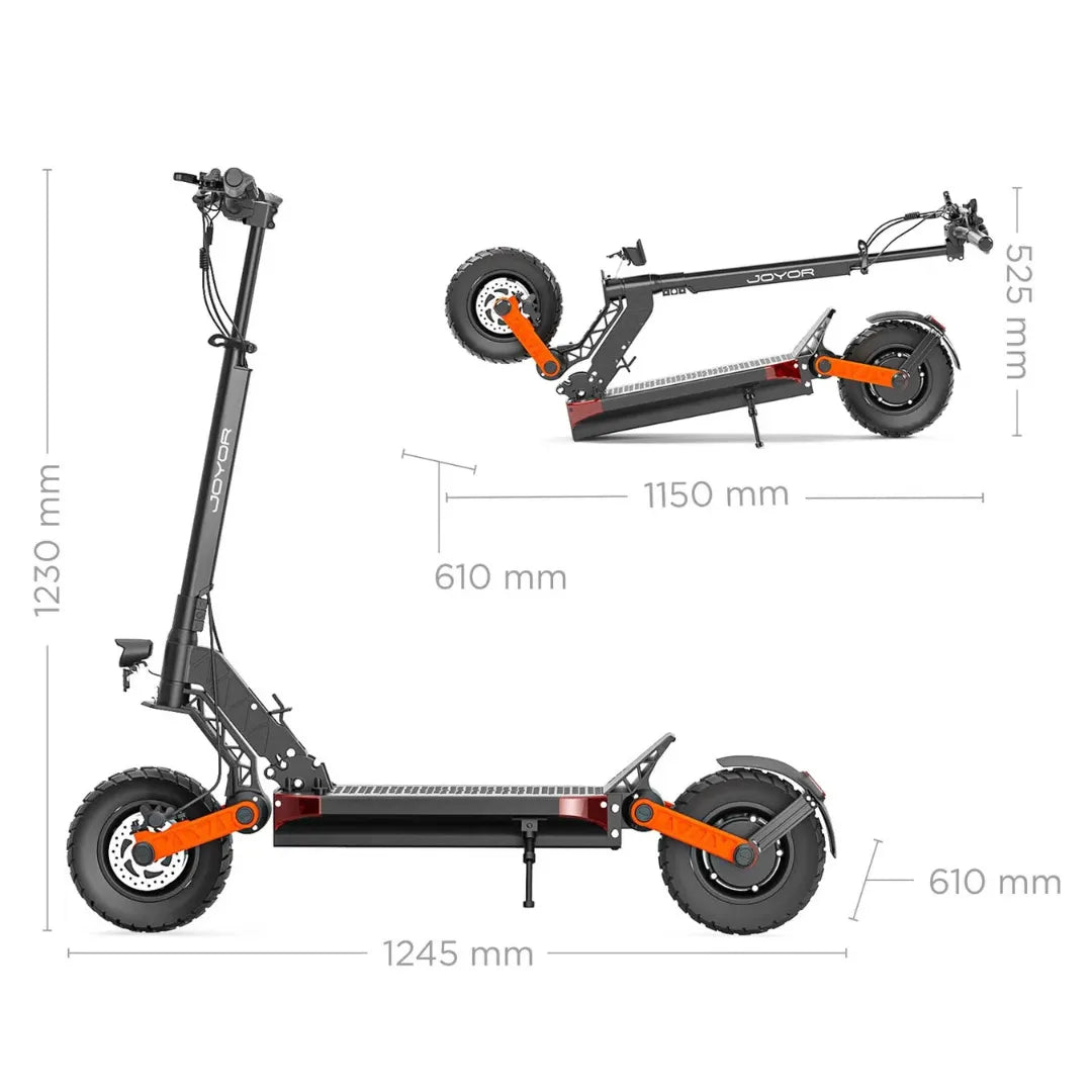 Električni romobil Joyor S-Pro prikazan u rasklopljenom i sklopljenom stanju s dimenzijama