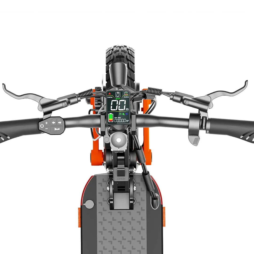 Upravljač električnog romobila Joyor S-Pro s digitalnim zaslonom i narančastim detaljima pogled