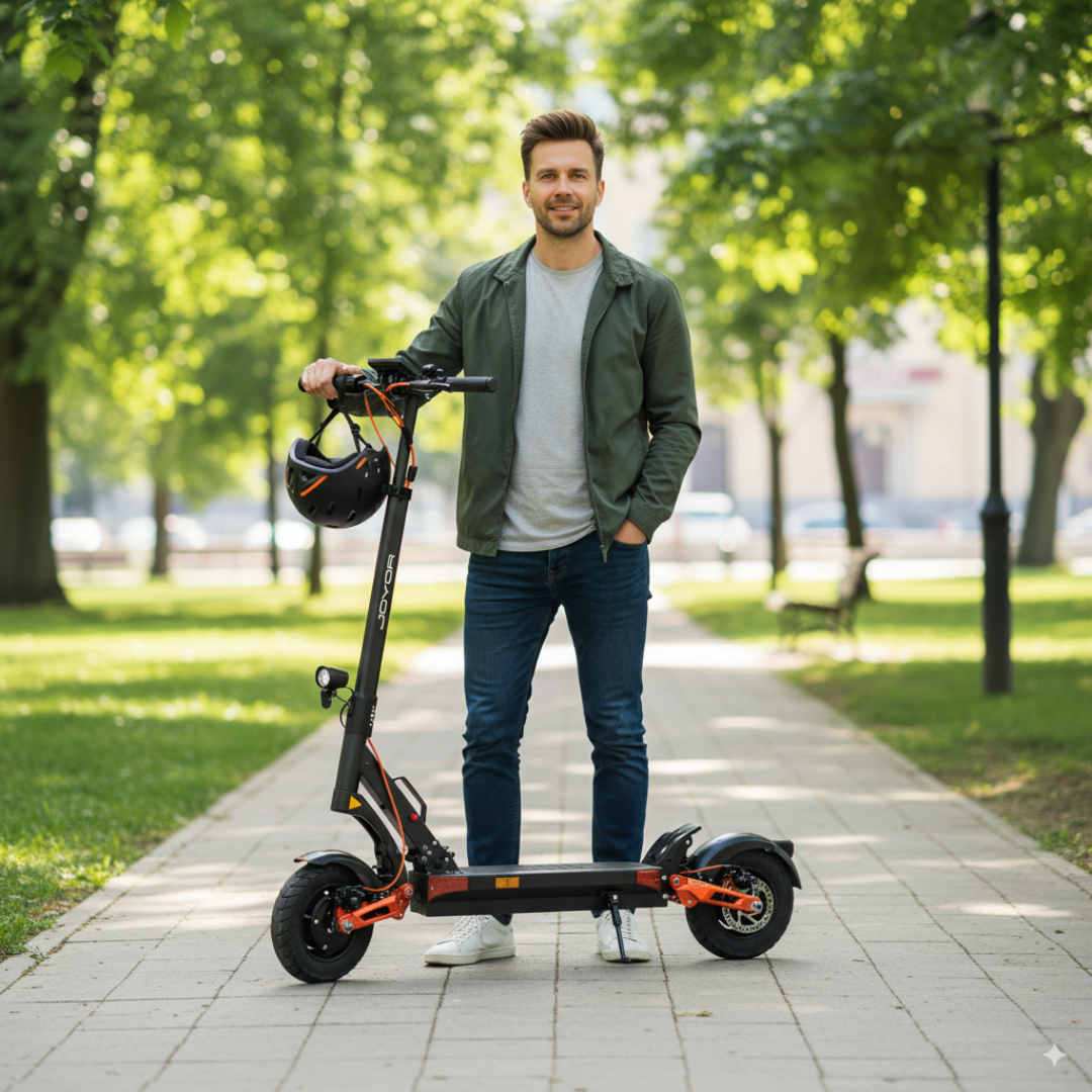 Muškarac stoji uz crno-narančasti električni romobil Joyor T10 u parku, pogled s prednje strane