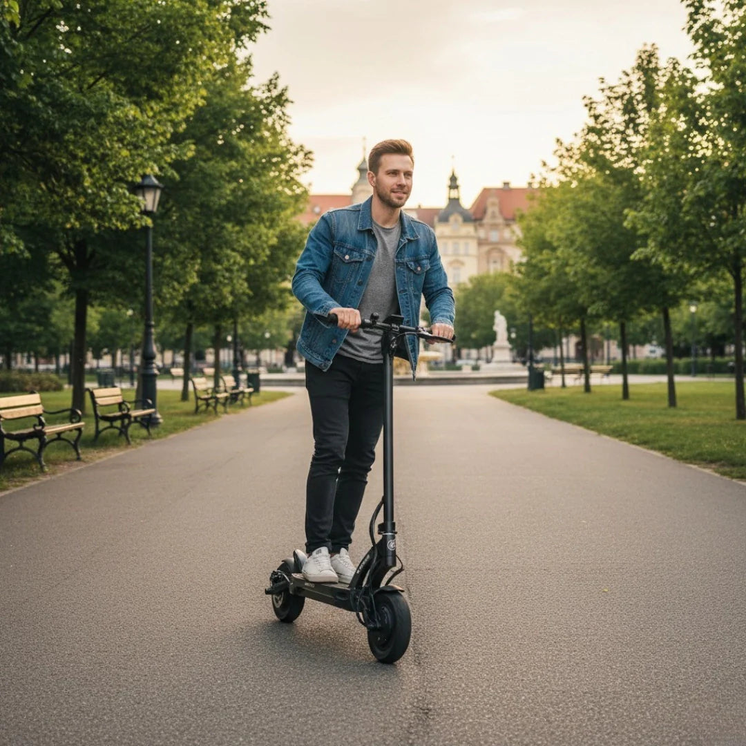 Muškarac vozi crni električni romobil Kaabo Mantis 10 Plus u gradskom parku, pogled sprijeda