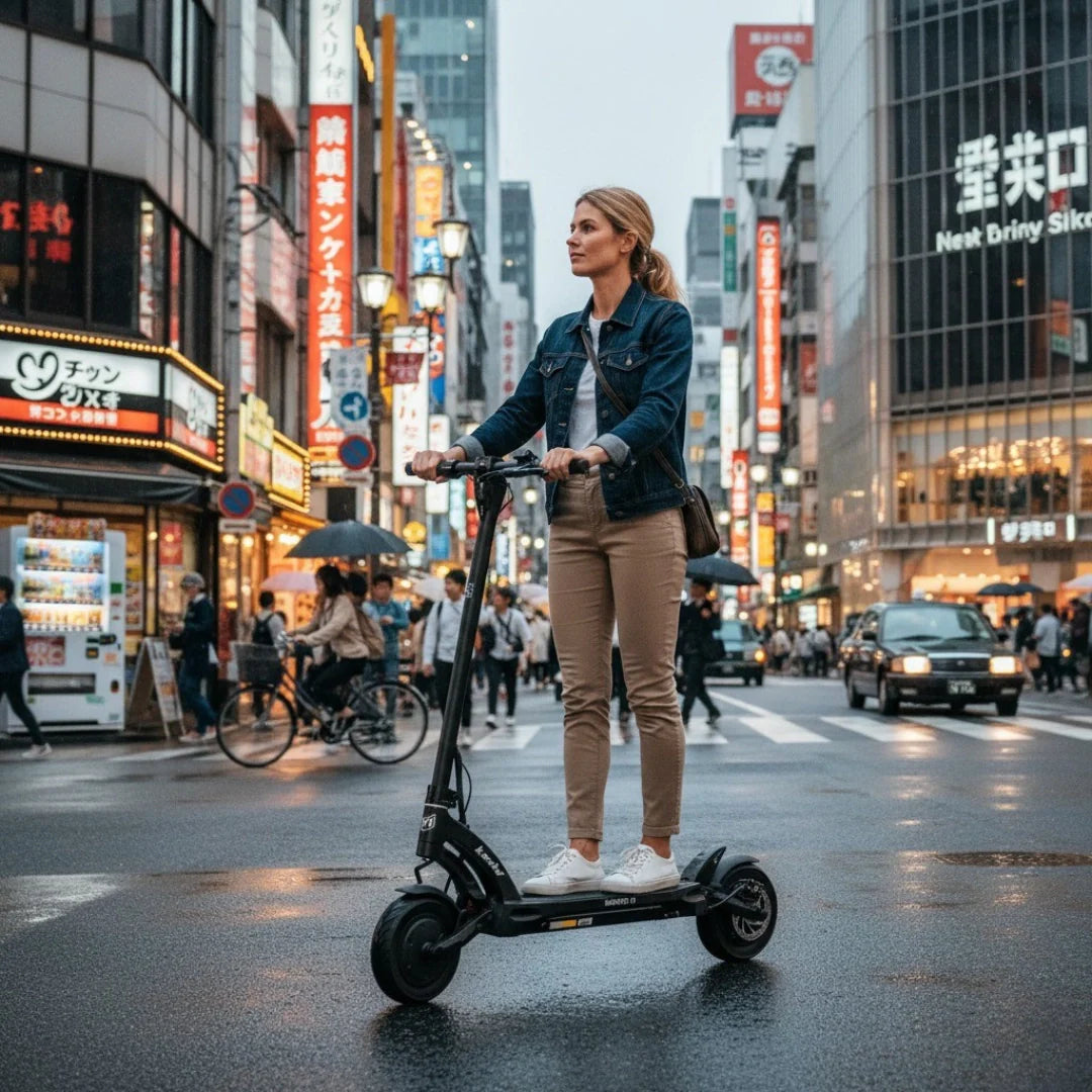 Žena vozi crni električni romobil Kaabo Mantis 10 Plus na gradskoj ulici
