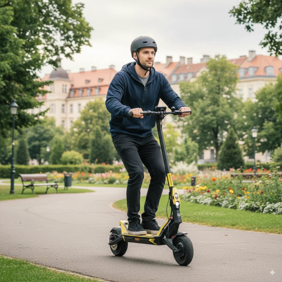 Muškarac s kacigom vozi crno-žuti električni romobil Kaabo Mantis Urban parkom