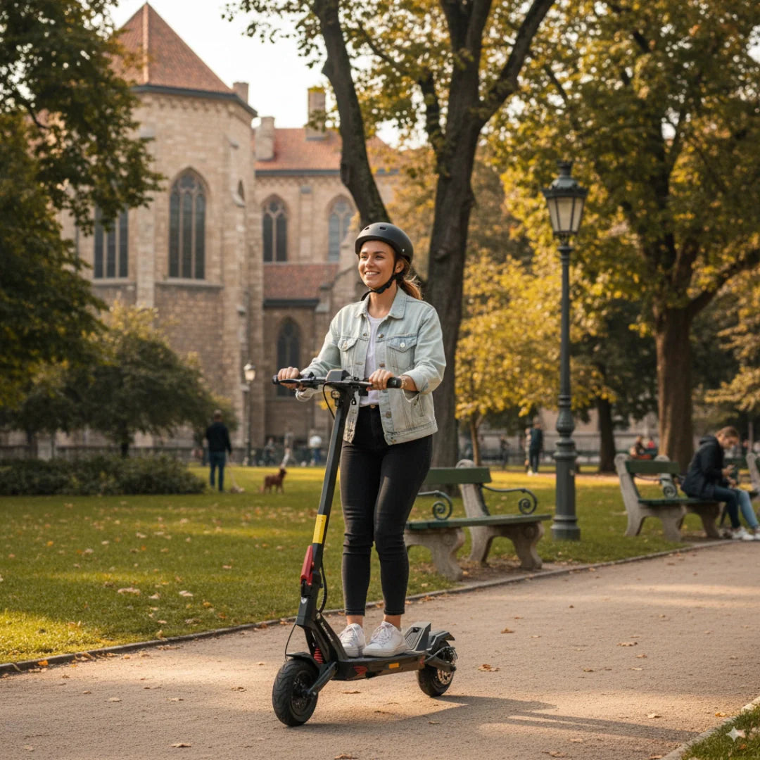 Djevojka s kacigom vozi crni električni romobil Kaabo Mantis Urban parkom u prirodi