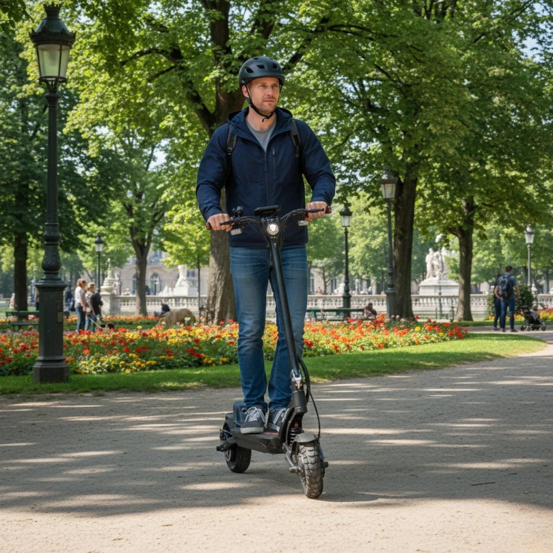 Muškarac s kacigom vozi crni električni romobil Kaabo Mantis X Plus parkom, pogled sprijeda