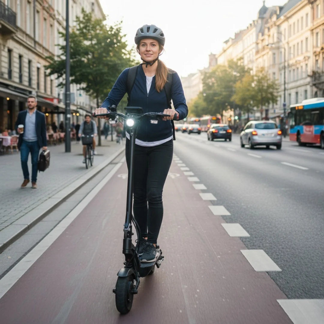 Žena s kacigom vozi crni električni romobil Kaabo Mantis X Plus na gradskoj biciklističkoj stazi
