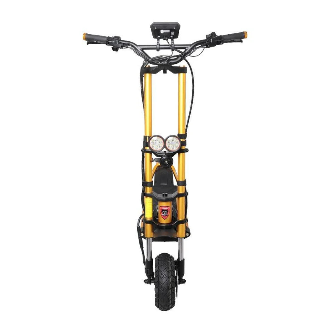 Prednji pogled na zlatni električni romobil Kaabo Wolf Warrior 11 Max s LED svjetlima i amortizerima