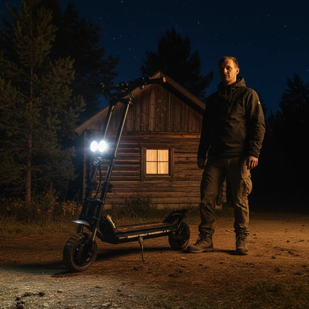 Električni romobil Kaabo Wolf Warrior X GT s upaljenim svjetlima noću uz muškarca u prirodi