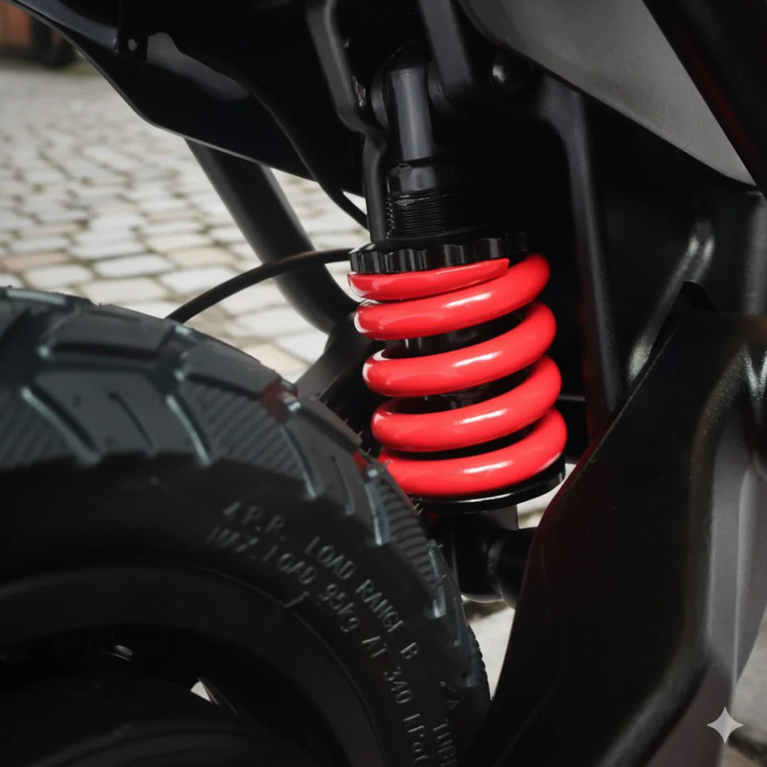 Crveni stražnji amortizer električnog romobila Kaabo Wolf Warrior X Pro, pogled iz blizine