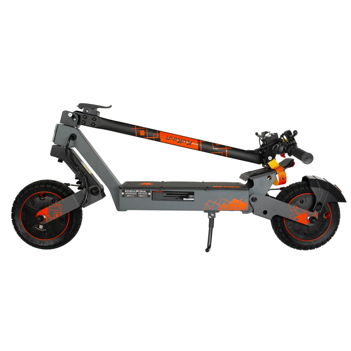 Sklopljeni električni romobil KuKirin G2 Ultra sive boje s narančastim detaljima bočni prikaz