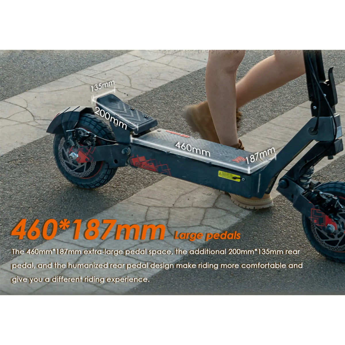 Električni romobil KuKirin G2 Ultra prikaz dimenzija široke podnice i stražnjeg oslonca za noge