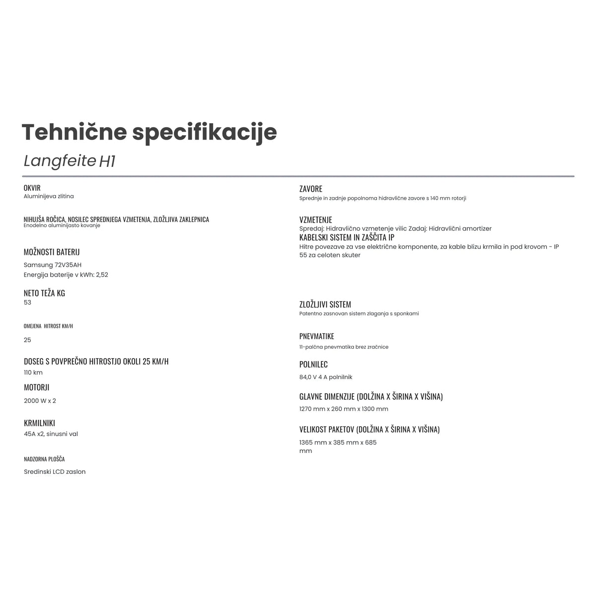 Tehničke specifikacije električnog romobila Langfeite H1 prikazane u tablici na bijeloj pozadini
