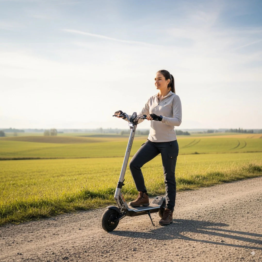 Žena vozi sivi električni romobil MS Energy Flare X na makadamskom putu u prirodi