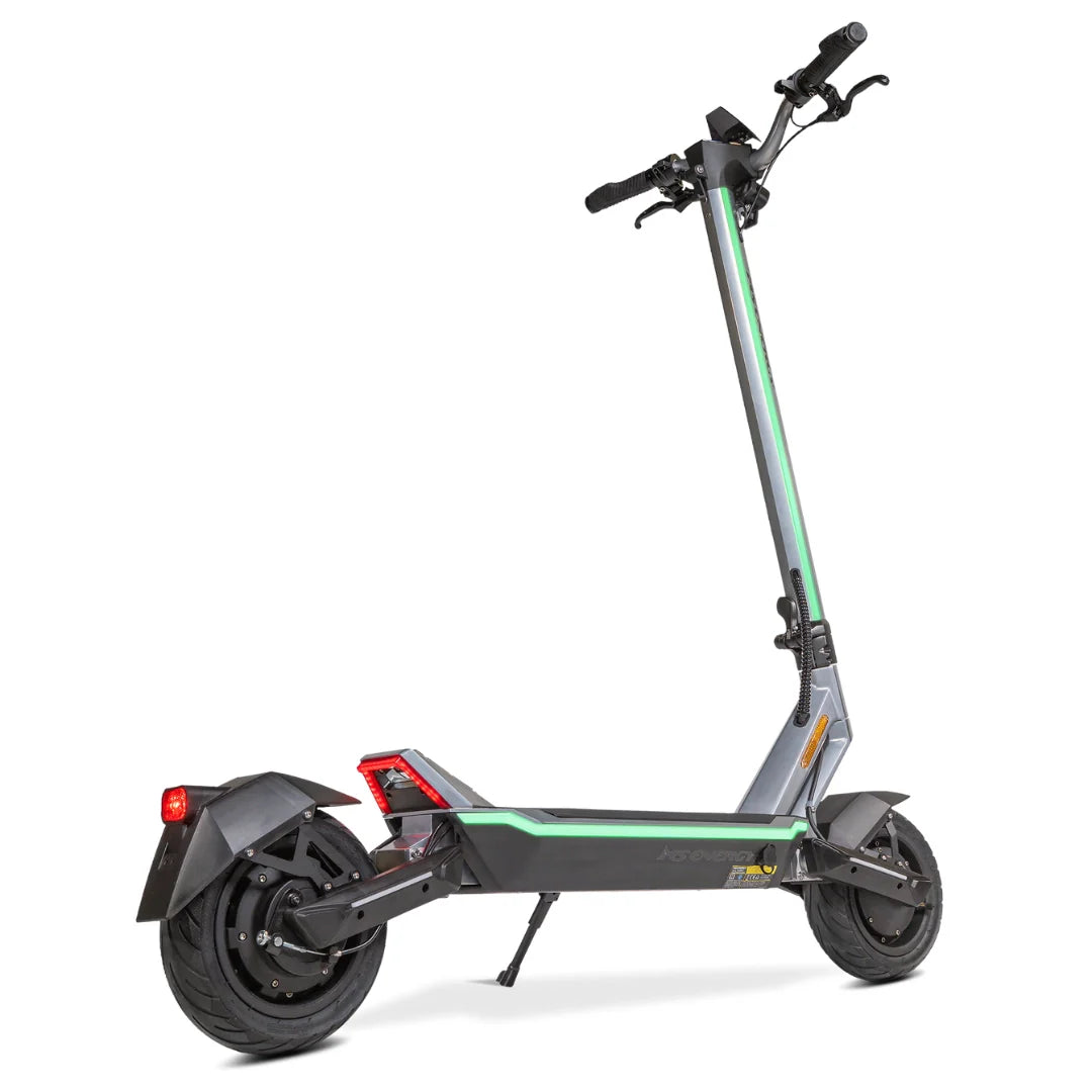 Sivi električni romobil MS Energy Flare X bočnog pogleda s upaljenim stražnjim svjetlom i detaljima