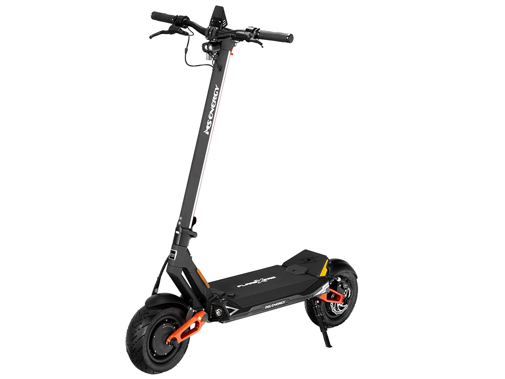 Električni romobil MS Energy Flare X Pro crne boje s narančastim detaljima pogled iz kuta