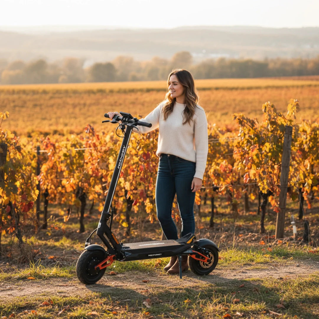 Žena stoji uz crni električni romobil MS Energy Flare X Pro u jesenskom vinogradu, bočni pogled