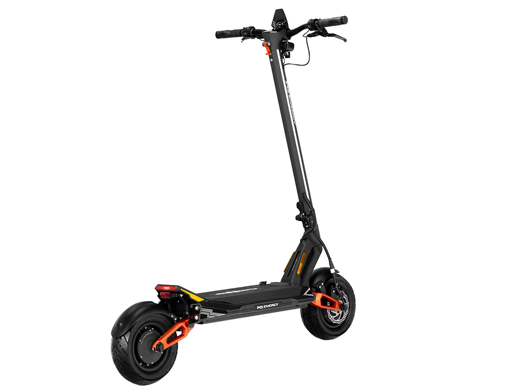 Električni romobil MS Energy Flare X Pro, pogled straga na crni model s narančastim detaljima