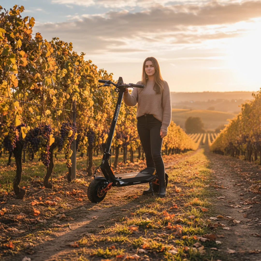 Žena stoji pokraj crnog električnog romobila MS Energy Flare X Pro u jesenskom vinogradu