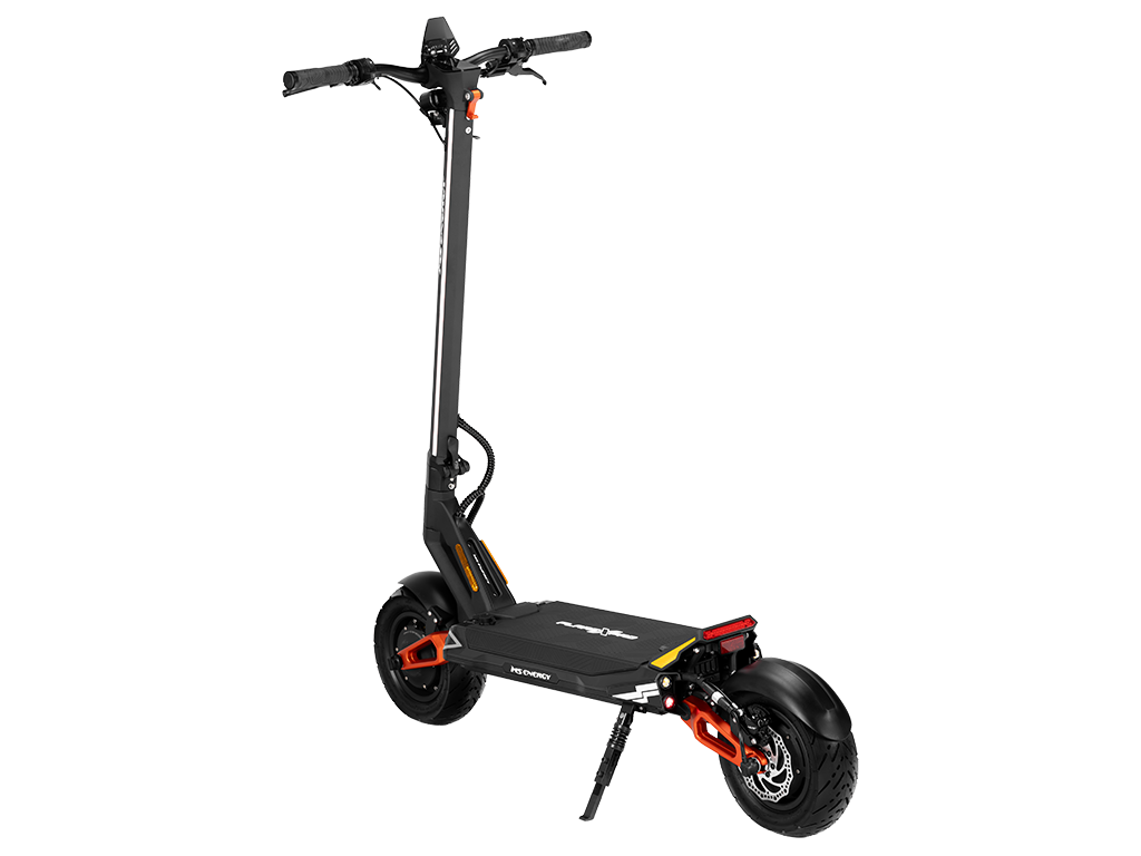 Električni romobil MS Energy Flare X Pro, pogled straga, crni model s narančastim detaljima