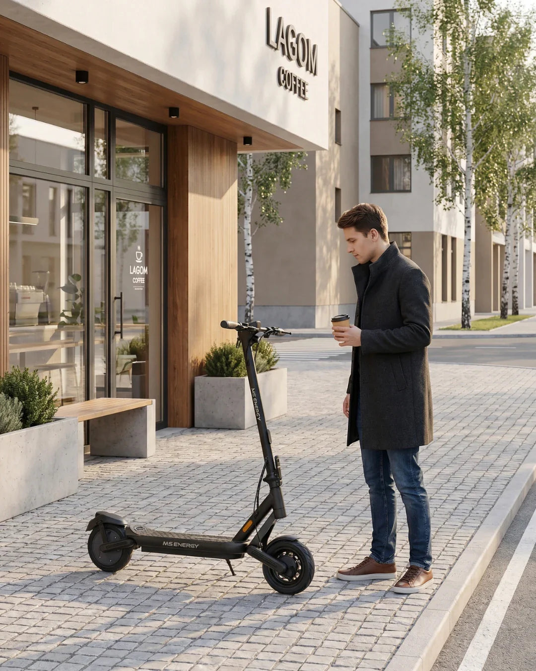 Crni električni romobil MS Energy Mentor 500 s muškarcem ispred kafića, bočni pogled