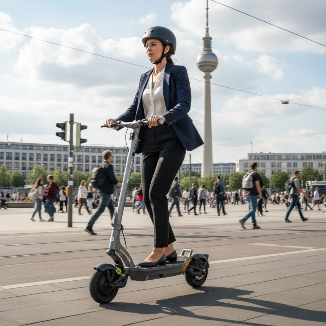 Poslovna žena vozi sivi električni romobil MS Energy Urban X na gradskom trgu