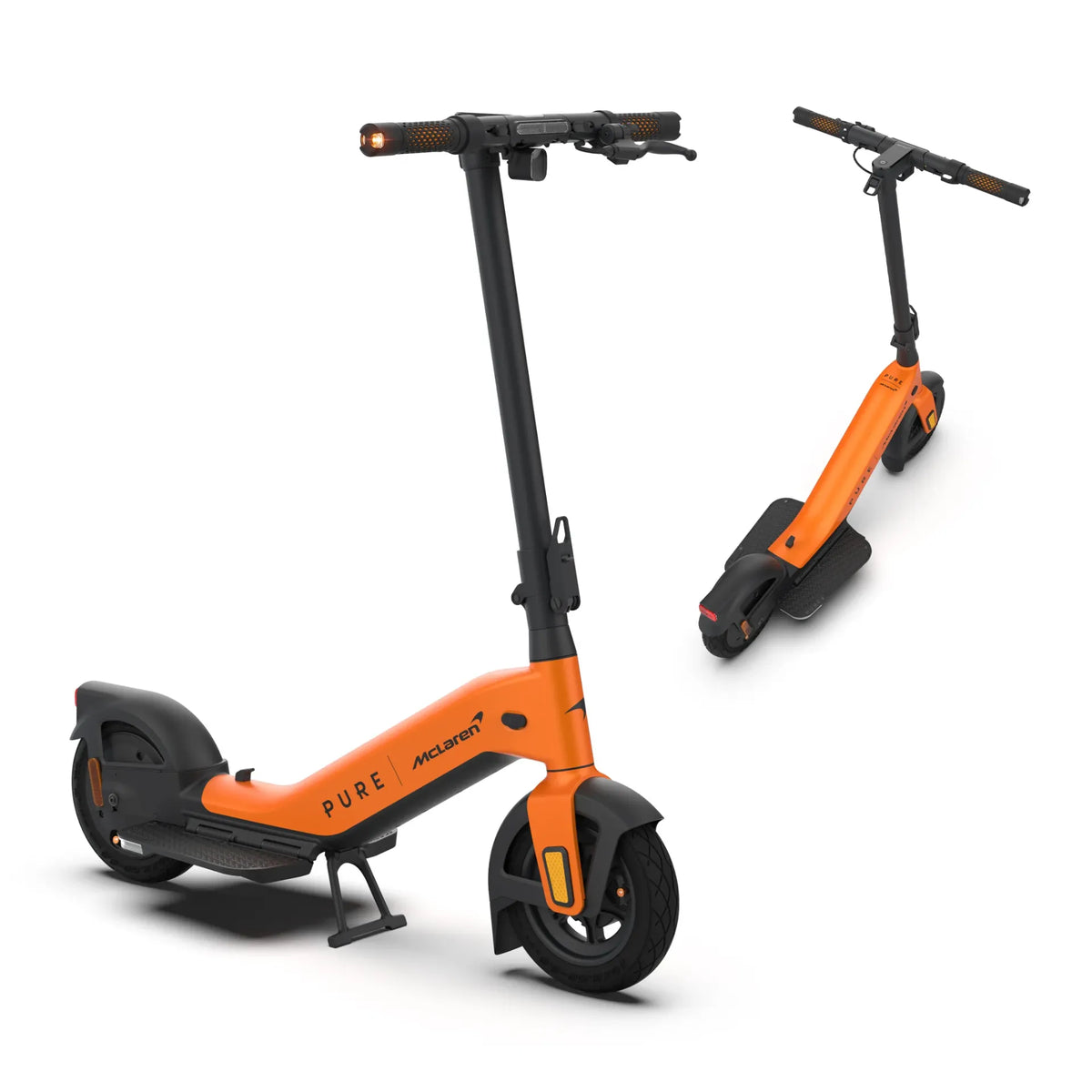 Električni romobil Pure Advance McLaren Edition u narančastoj boji, pogled iz profila i straga