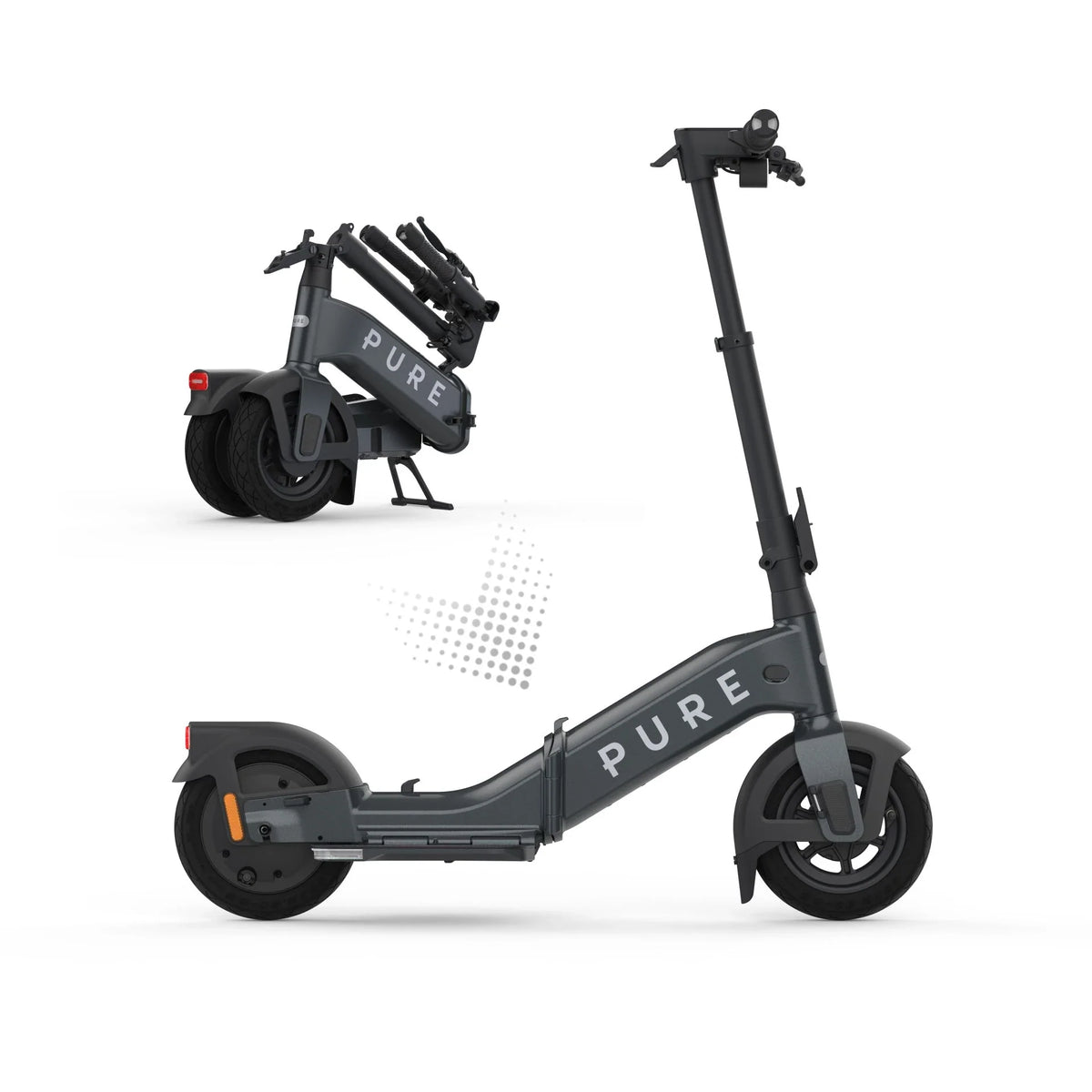 Električni romobil Pure Flex rasklopljen i sklopljen sivi model na bijeloj pozadini