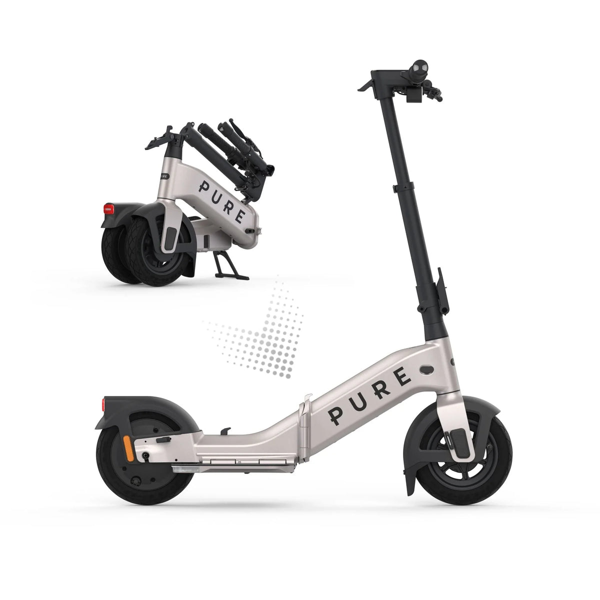 Srebrni električni romobil Pure Flex u rasklopljenom i sklopljenom stanju na bijeloj pozadini