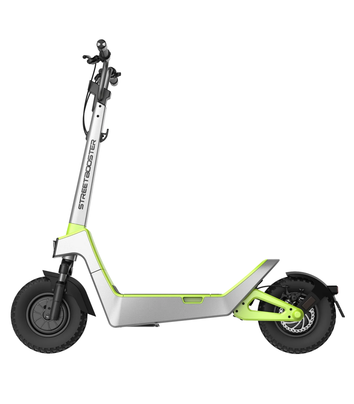 Električni romobil Streetbooster Castor srebrno-zelene boje, bočni pogled na cijeli model