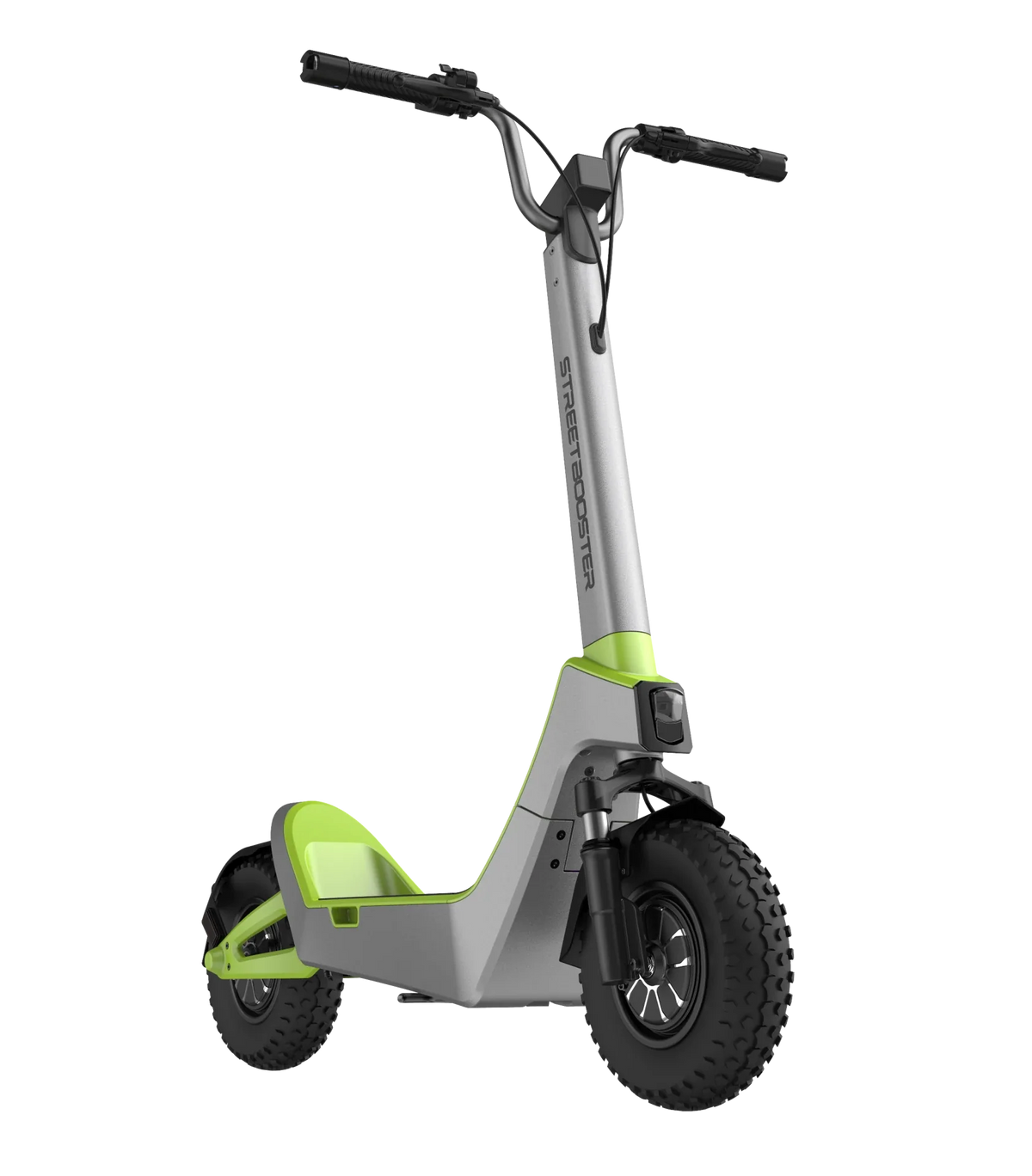 Električni romobil Streetbooster Castor srebrno-zelene boje pogled s prednje strane na crnoj