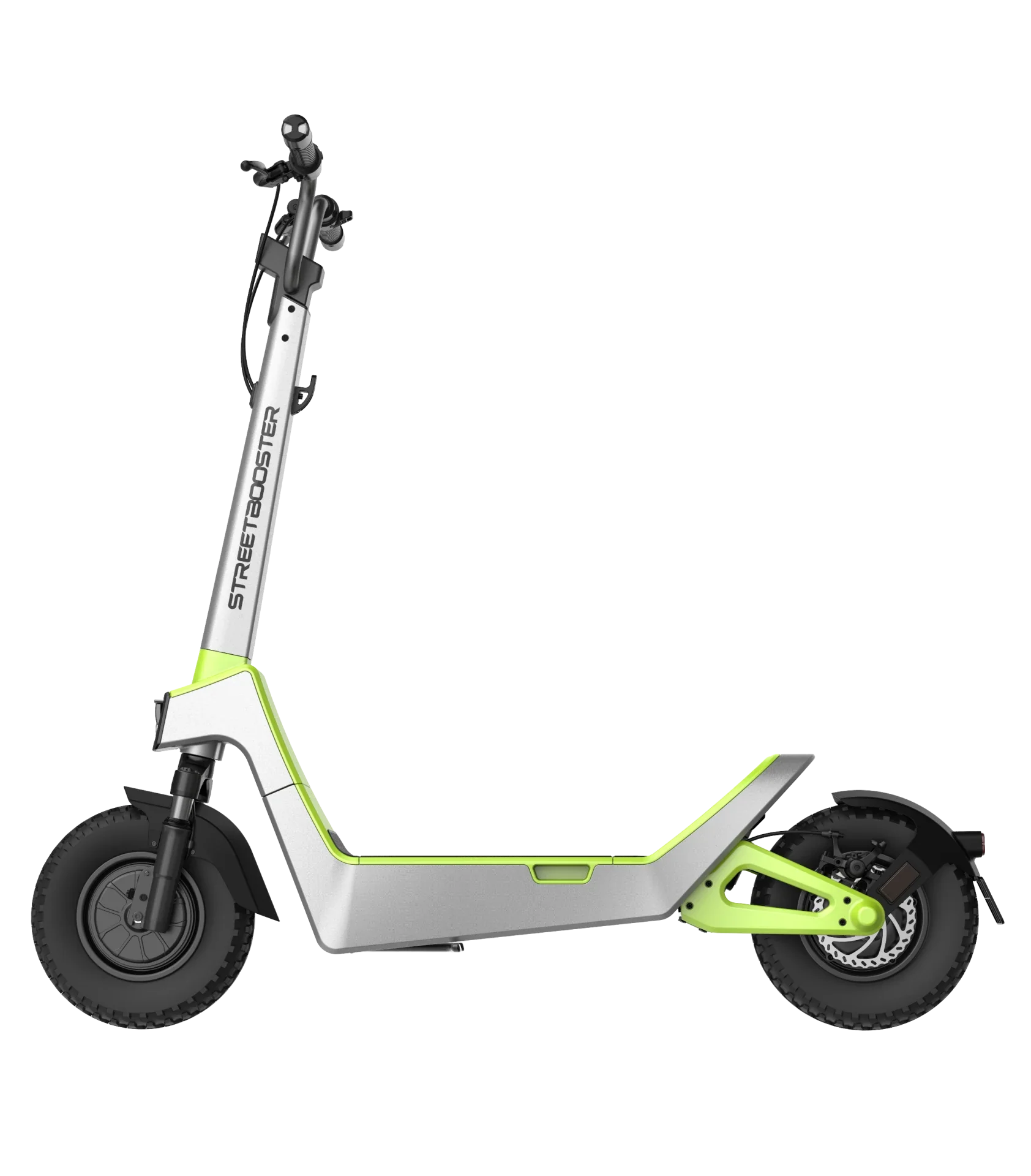 Električni romobil Streetbooster Pollux srebrne boje s bočnim pogledom na okvir i kotače