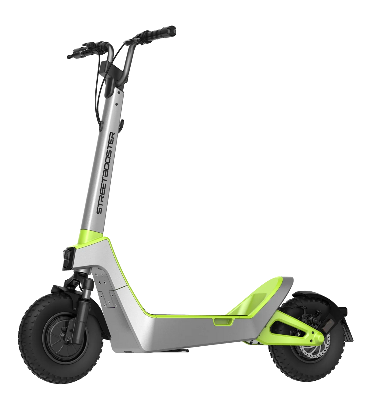 Električni romobil Streetbooster Pollux srebrno-zelene boje bočni pogled na cijeli model