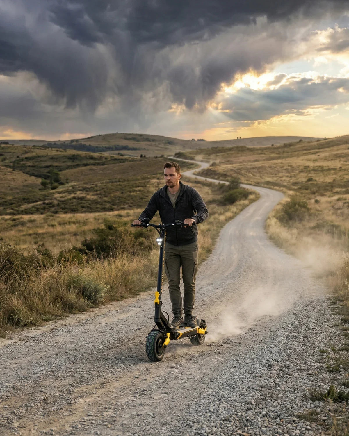 Muškarac vozi električni romobil Teverun Blade Mini Ultra po makadamskoj cesti u prirodi
