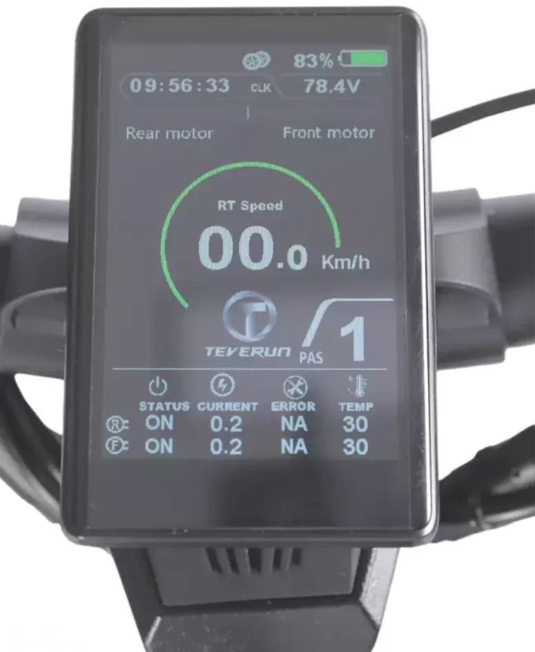 LCD zaslon električnog romobila Teverun Fighter 11 Plus 2024 s prikazom podataka o vožnji