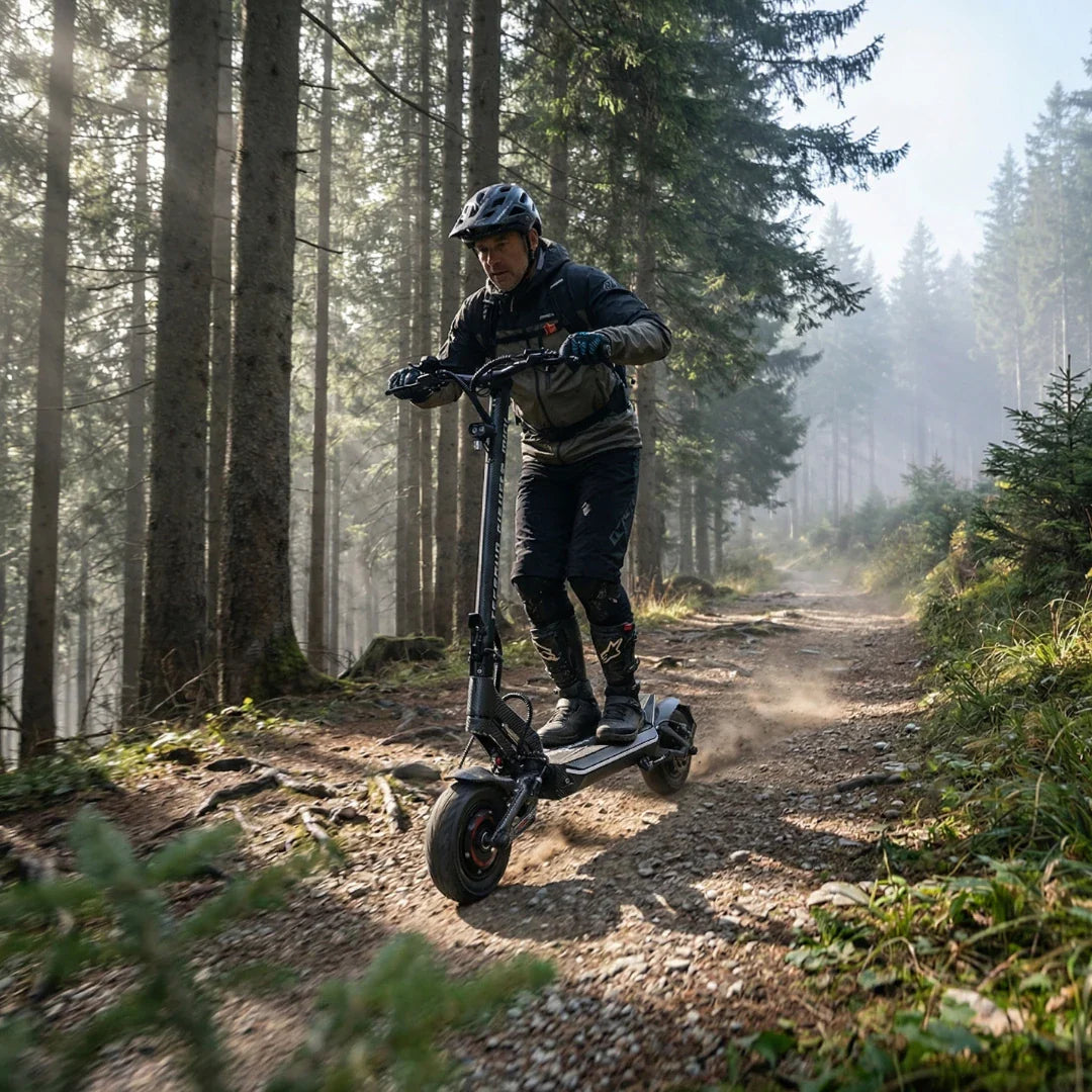 Muškarac vozi crni električni romobil Teverun Fighter Mini Pro 2026 šumskom stazom u prirodi