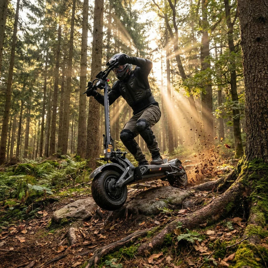 Teverun Fighter Supreme 7260R električni romobil u vožnji po šumskom terenu i blatu