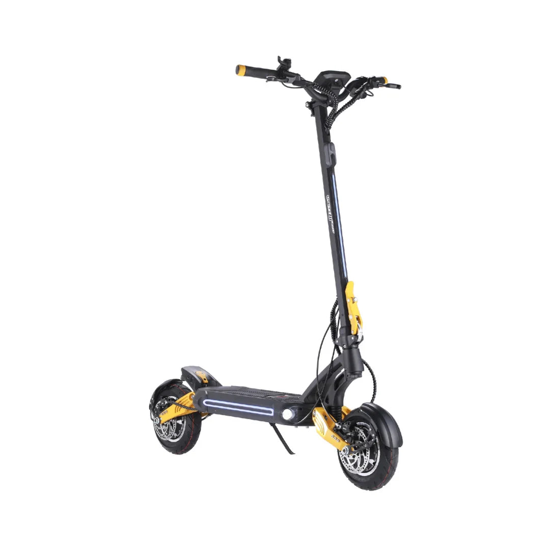 Električni romobil Vsett 10 Light crne boje sa žutim detaljima, pogled iz profila