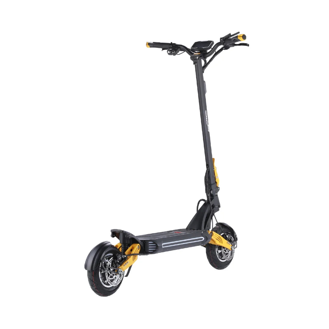 Električni romobil Vsett 10 Light crno-žute boje, pogled na romobil s tri četvrtine straga