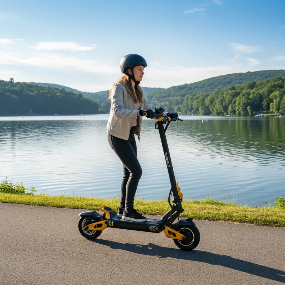 Žena vozi crno-žuti električni romobil VSETT 10+ Super uz jezero, pogled sa strane