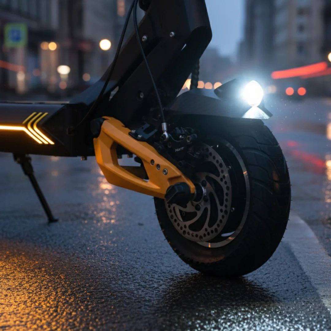 Detalj prednjeg kotača i žutog ovjesa električnog romobila Vsett 10 Plus Super na mokroj cesti
