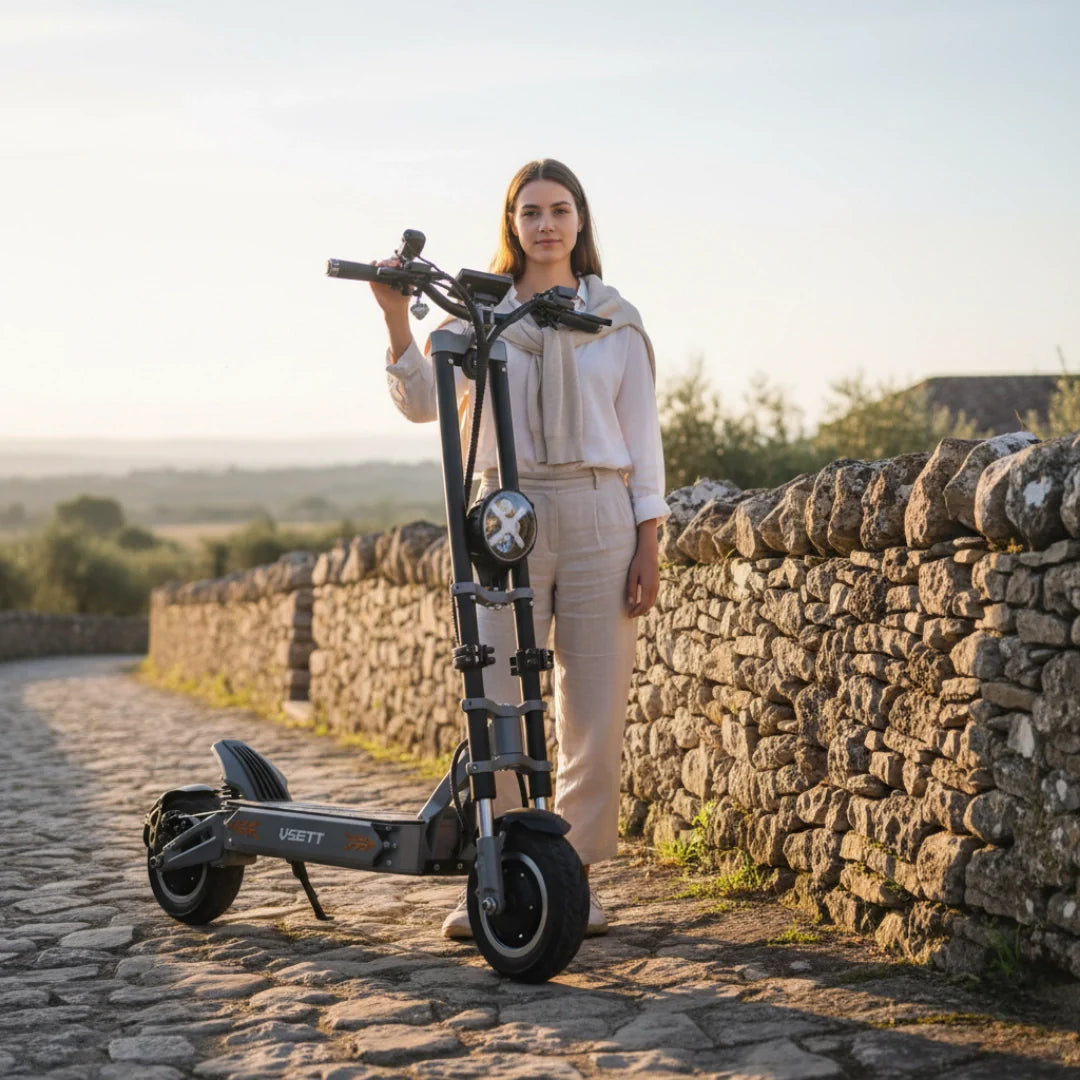 Žena stoji pokraj sivog električnog romobila Vsett 11 Plus na kamenoj cesti po sunčanom danu