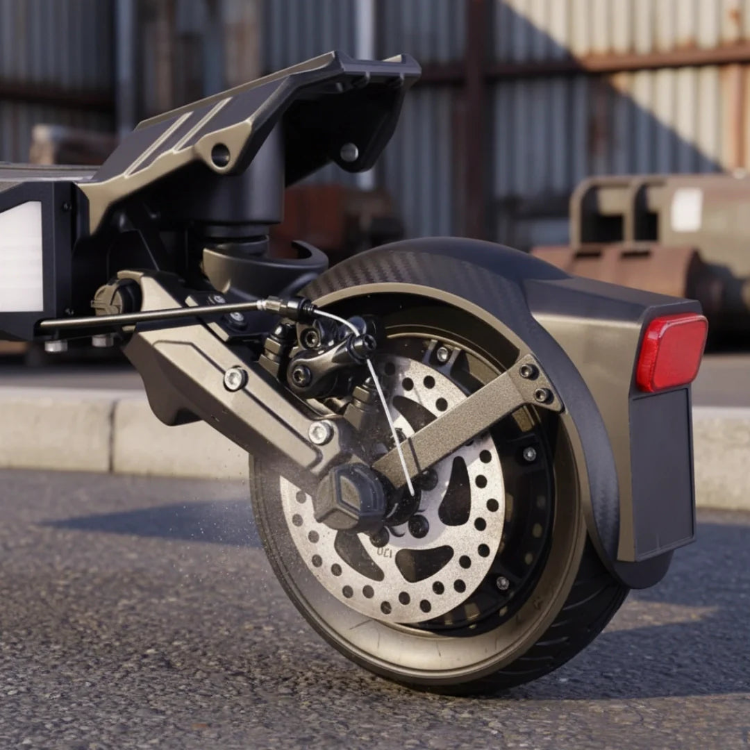 Detalj stražnjeg kotača s disk kočnicom i ovjesom električnog romobila Vsett 8 Apex crne boje