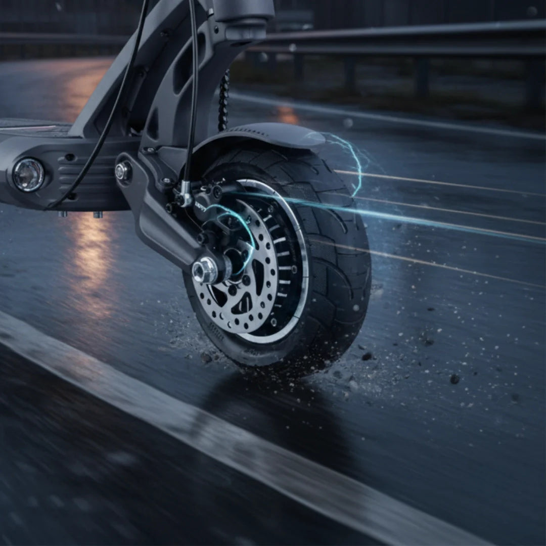 Krupni plan prednjeg kotača i disk kočnice električnog romobila Vsett 9 Apex na mokroj cesti