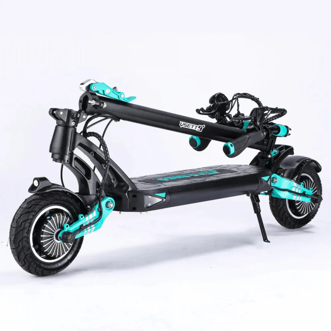 Sklopljeni električni romobil Vsett 9 crno-zelene boje s bočnog pogleda