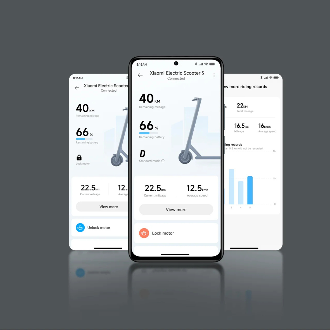 Prikaz sučelja mobilne aplikacije za električni romobil Xiaomi Electric Scooter 5 na zaslonu