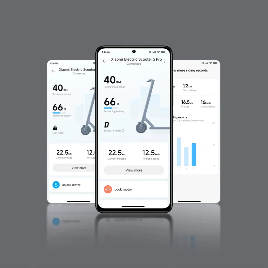 Prikaz mobilne aplikacije za električni romobil Xiaomi 5 Pro s podacima o vožnji i bateriji