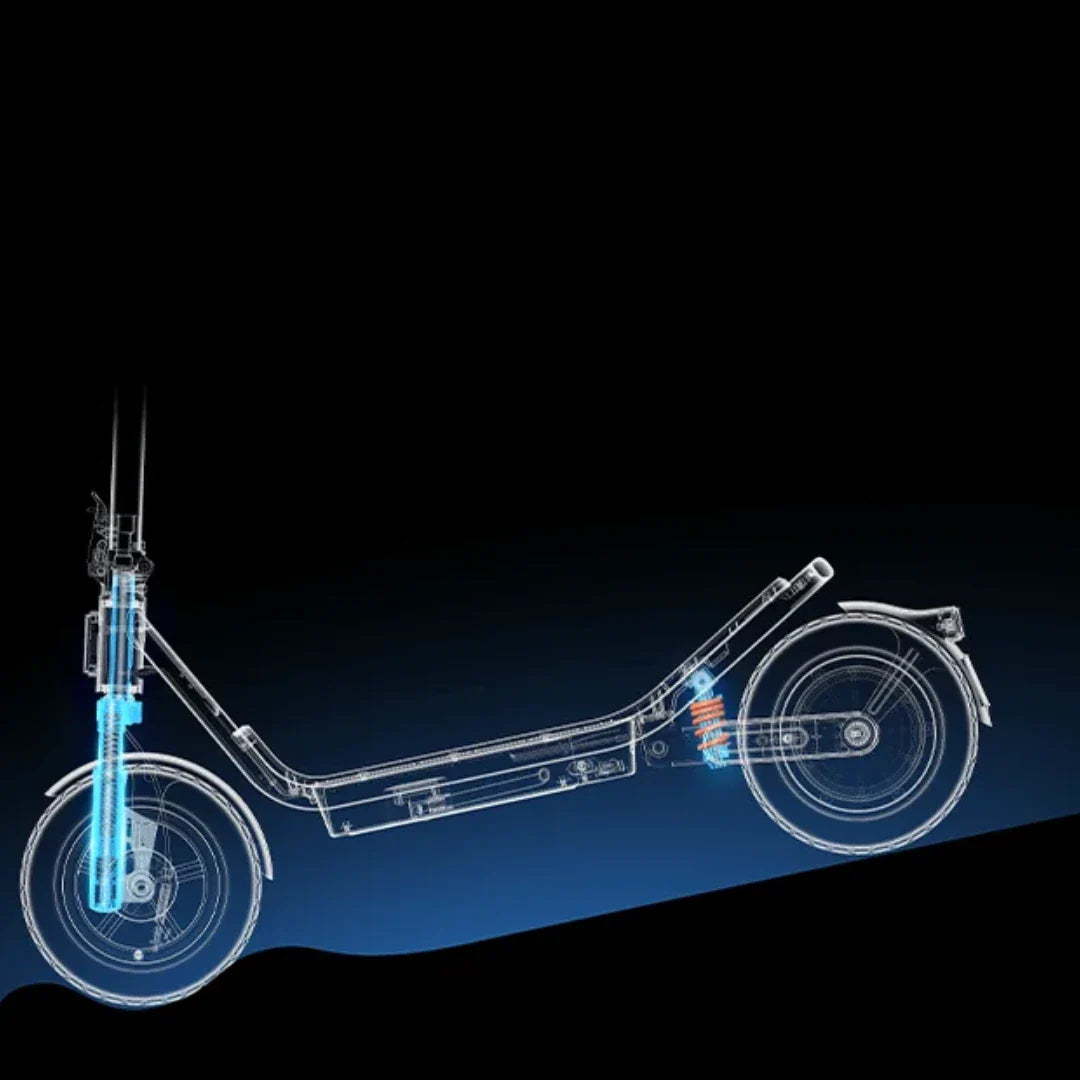 Tehnički prikaz ovjesa električnog romobila Xiaomi 6 s istaknutim plavim i narančastim detaljima