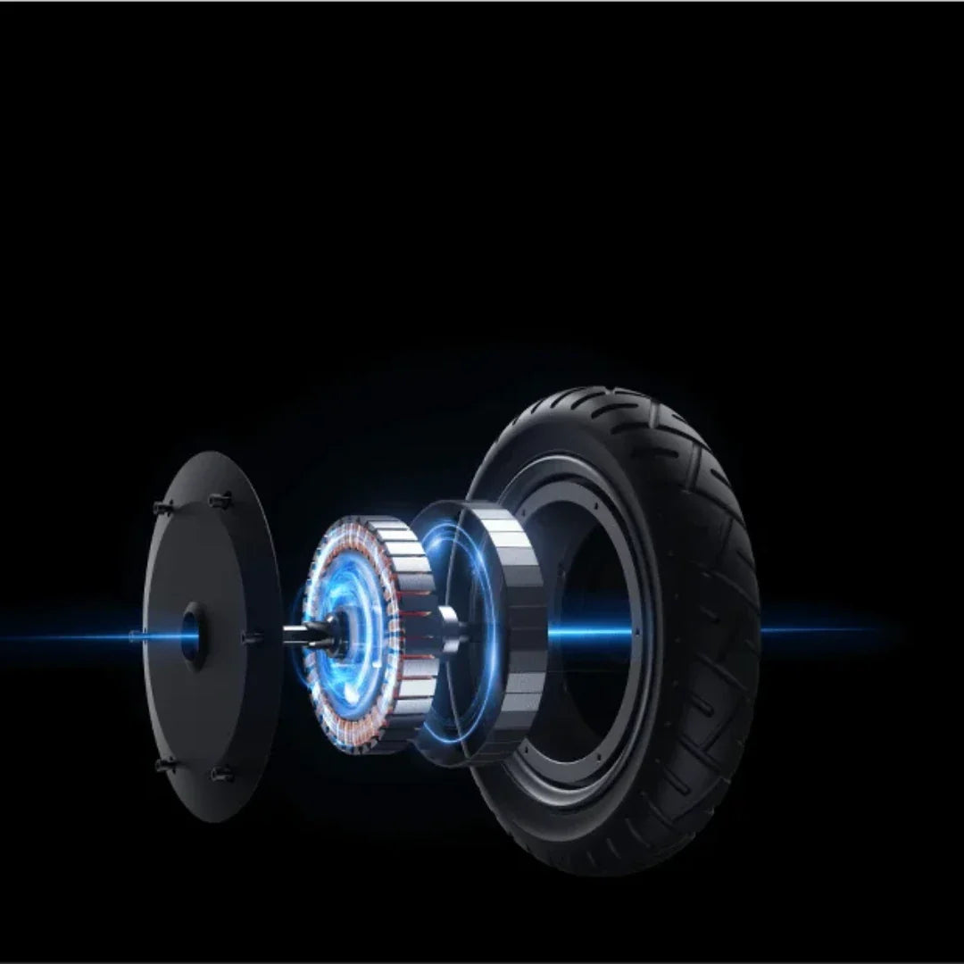 Prikaz rastavljenog motora električnog romobila Xiaomi 6 s detaljima elektromotora i gume